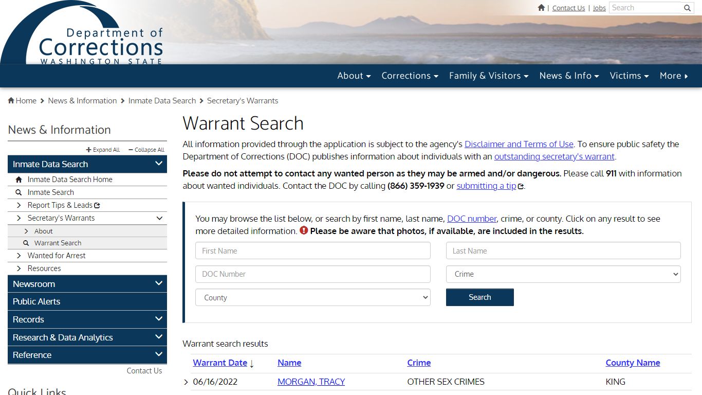 Warrant Search | Washington State Department of Corrections